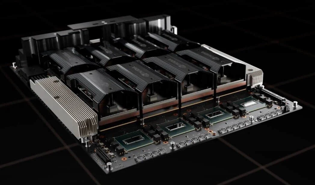 Hopper-style NVIDIA HGX eight-GPU baseboard on a dark background